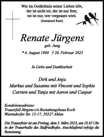 Anzeige von Renate Jürgens 