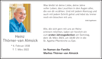 Anzeige von Heinz Thörner-Van Almsick 
