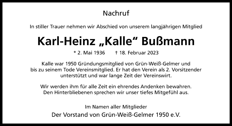 Traueranzeige für Karl-Heinz Bußmann vom 01.03.2023 aus 