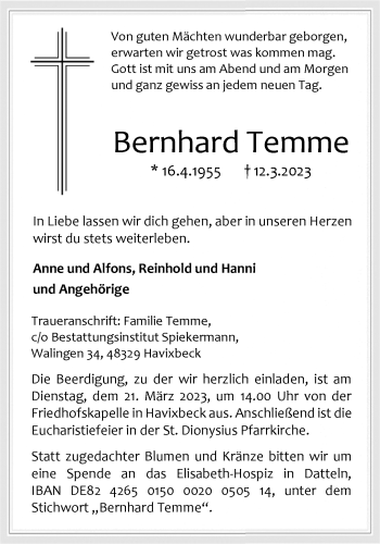 Anzeige von Bernhard Temme 