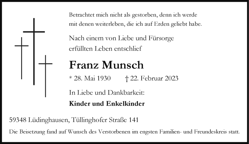  Traueranzeige für Franz Munsch vom 03.03.2023 aus 