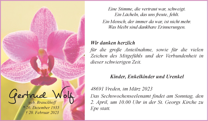  Traueranzeige für Gertrud Wolf vom 25.03.2023 aus 
