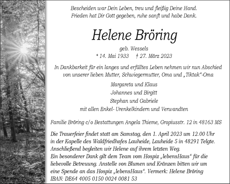  Traueranzeige für Helene Bröring vom 30.03.2023 aus 