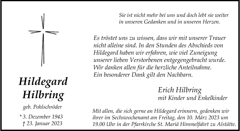  Traueranzeige für Hildegard Hilbring vom 07.03.2023 aus 
