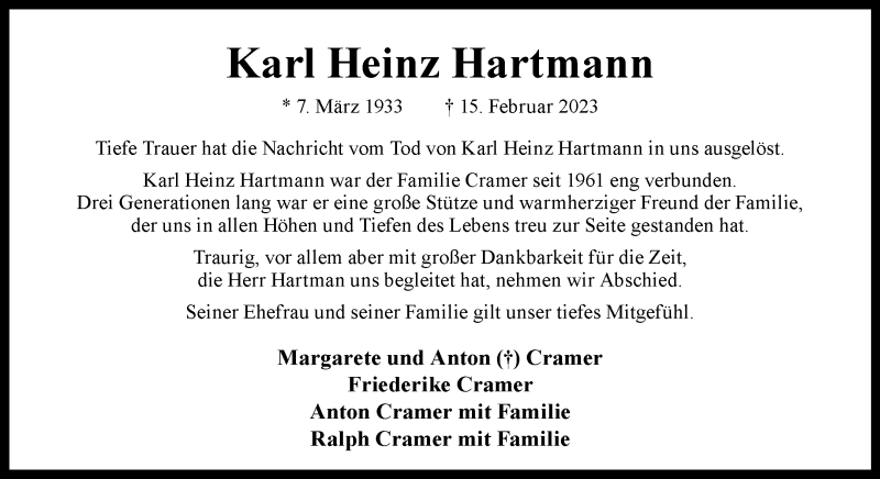  Traueranzeige für Karl Heinz Hartmann vom 09.03.2023 aus 