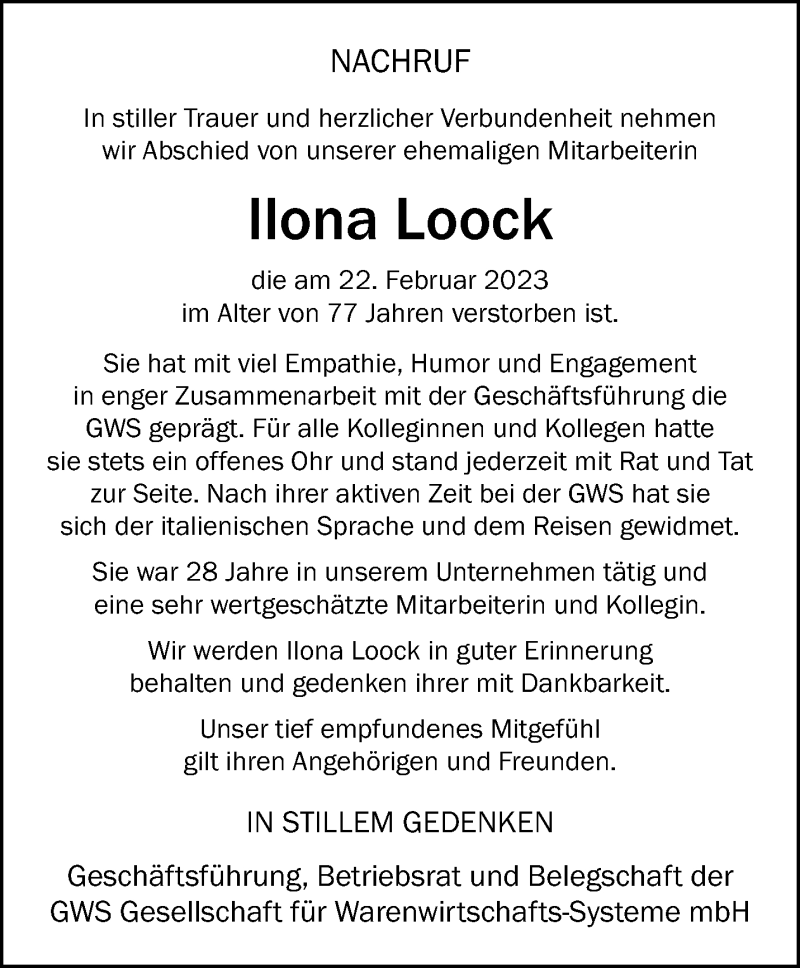  Traueranzeige für Ilona Loock vom 11.03.2023 aus 