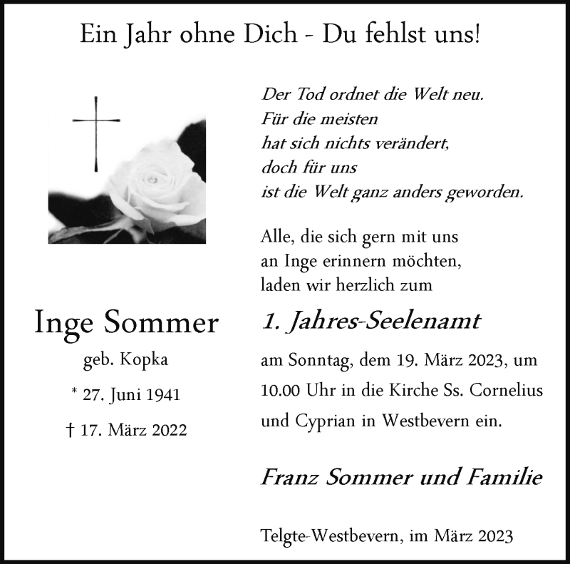 Traueranzeige für Inge Sommer vom 11.03.2023 aus 