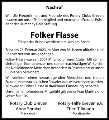 Anzeige von Folker Flasse 