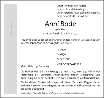 Anzeige von Anni Bode 