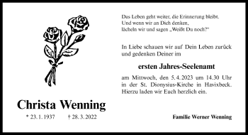Anzeige von Christa Wenning 