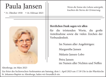Anzeige von Paula Jansen 
