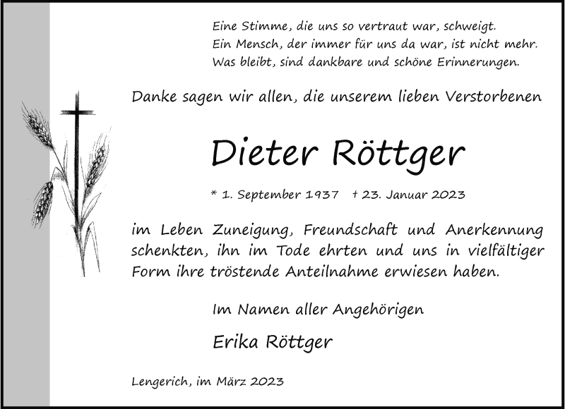  Traueranzeige für Dieter Röttger vom 11.03.2023 aus 