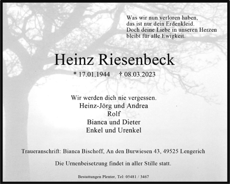  Traueranzeige für Heinz Riesenbeck vom 18.03.2023 aus 
