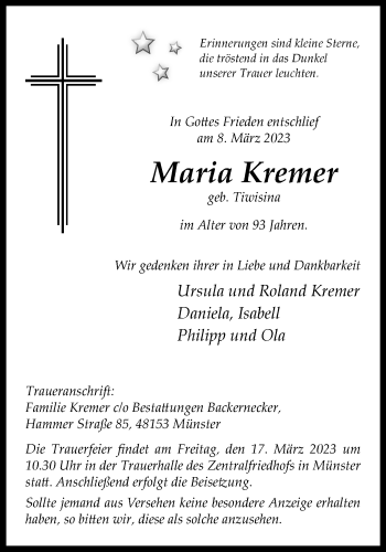 Anzeige von Maria Kremer 