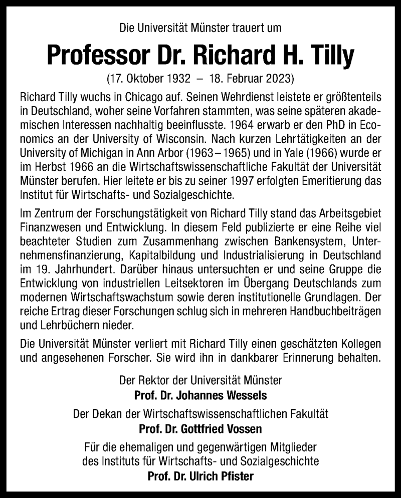  Traueranzeige für Dr. Richard H. Tilly vom 04.03.2023 aus 
