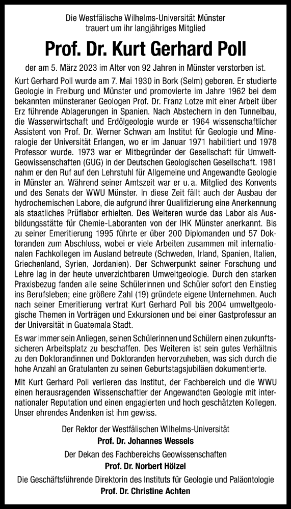  Traueranzeige für Prof. Dr. Kurt Gerhard Poll vom 18.03.2023 aus 