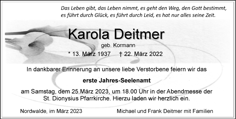  Traueranzeige für Karola Deitmer vom 22.03.2023 aus 