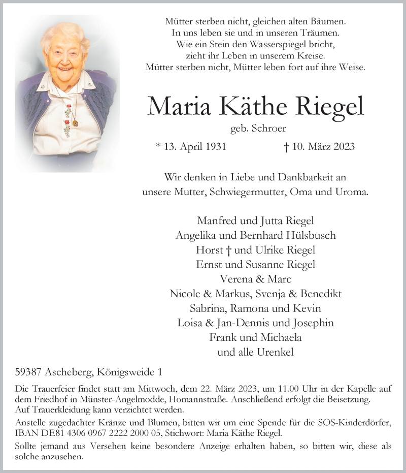  Traueranzeige für Maria Käthe Riegel vom 18.03.2023 aus 