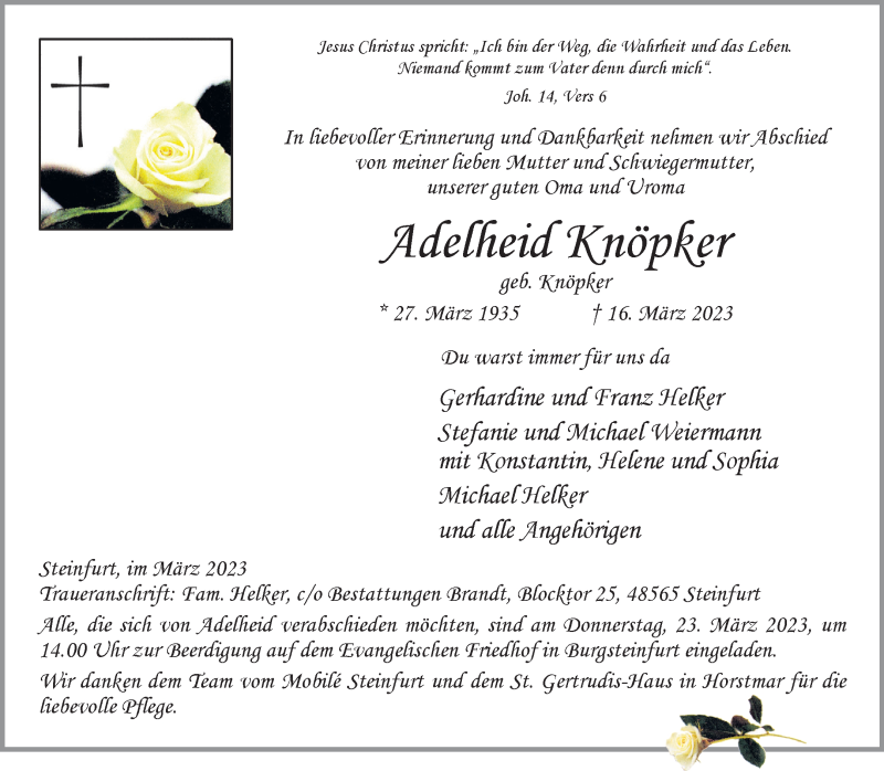  Traueranzeige für Adelheid Knöpker vom 22.03.2023 aus 