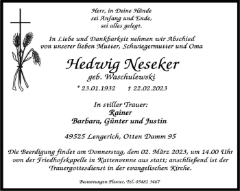 Anzeige von Hedwig Neseker 