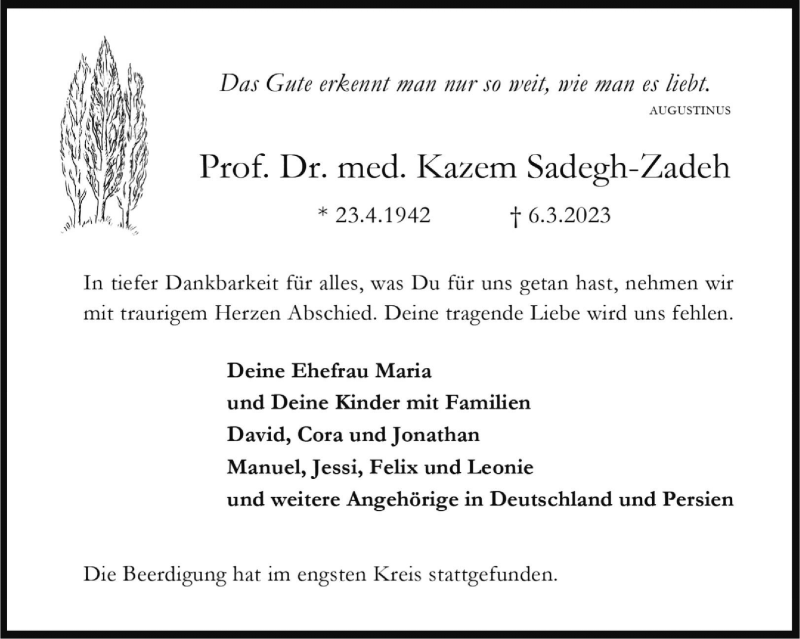  Traueranzeige für Prof. Dr. med. Kazem Sadegh-Zadeh vom 14.03.2023 aus 