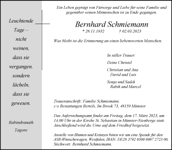 Anzeige von Bernhard Schmiemann 