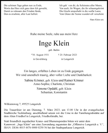Anzeige von Inge Klein 