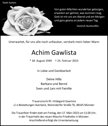 Anzeige von Achim Gawlista 