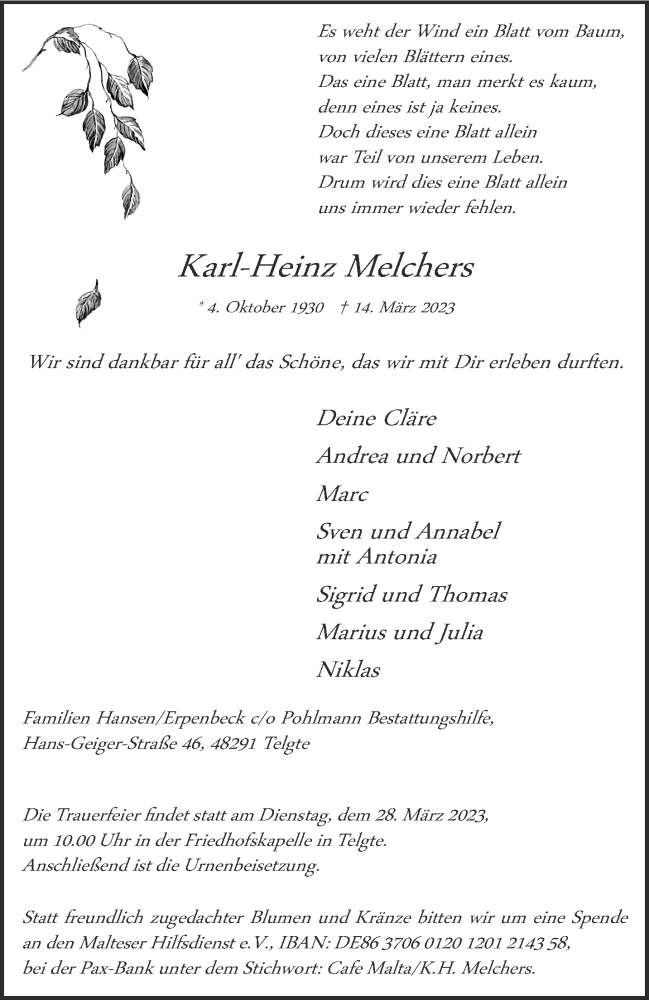  Traueranzeige für Karl-Heinz Melchers vom 25.03.2023 aus 