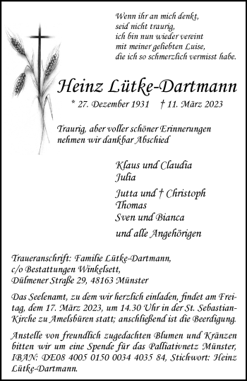 Anzeige von Heinz Lütke-Dartmann 