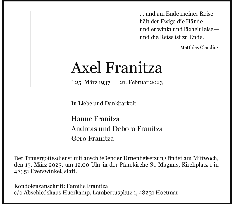  Traueranzeige für Axel Franitza vom 04.03.2023 aus 