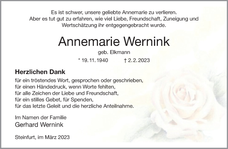  Traueranzeige für Annemarie Wernink vom 15.03.2023 aus 