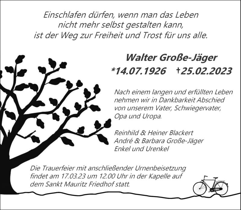  Traueranzeige für Walter Große-Jäger vom 08.03.2023 aus 