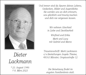 Anzeige von Dieter Lackmann 