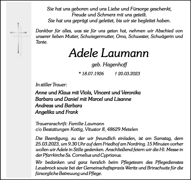  Traueranzeige für Adele Laumann vom 23.03.2023 aus 