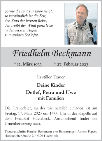 Anzeige von Friedhelm Beckmann 