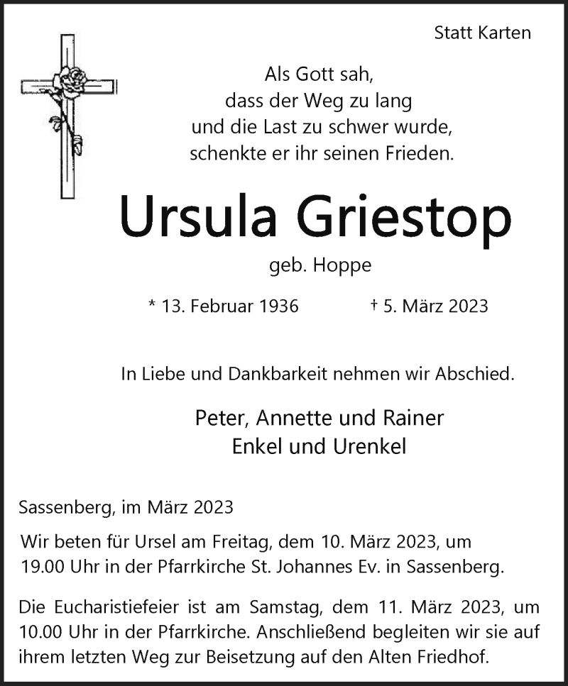  Traueranzeige für Ursula Griestop vom 08.03.2023 aus 