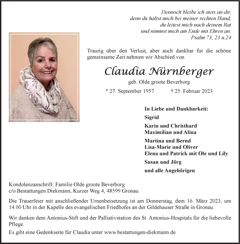  Traueranzeige für Claudia Nürnberger vom 04.03.2023 aus 
