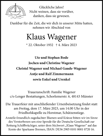 Anzeige von Klaus Wagener 