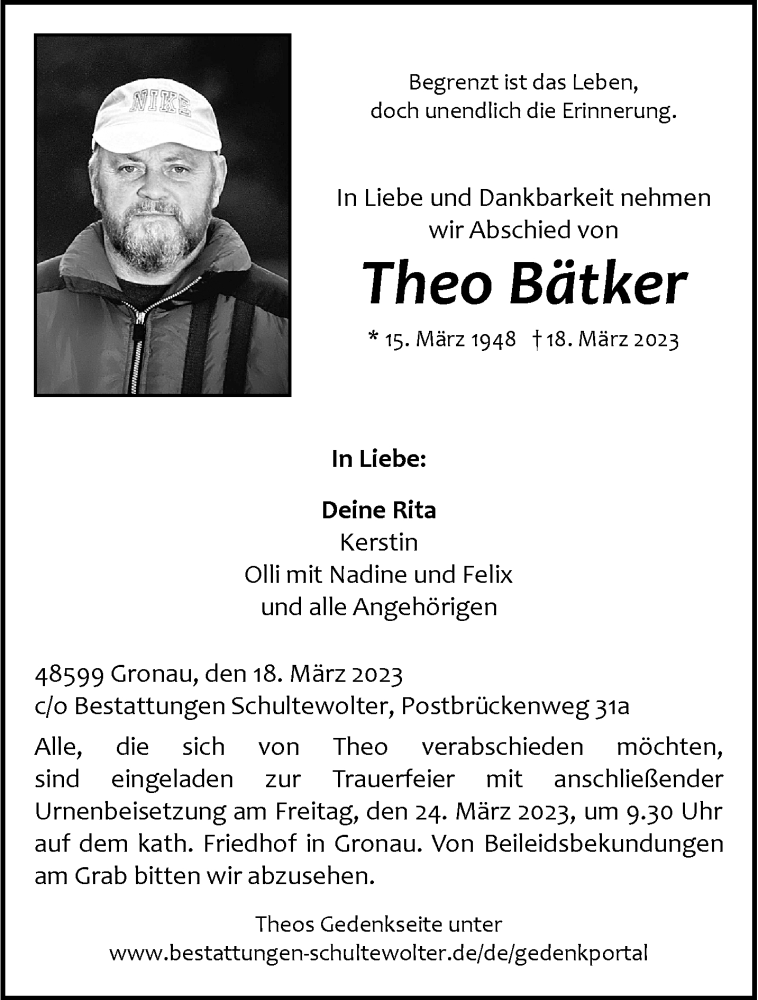  Traueranzeige für Theo Bätker vom 21.03.2023 aus 