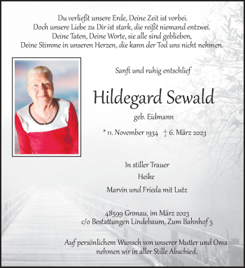 Anzeige von Hildegard Sewald 
