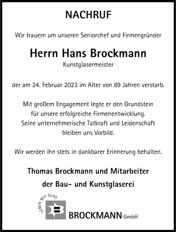 Anzeige von Hans Brockmann 