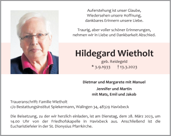Anzeige von Hildegard Wietholt 