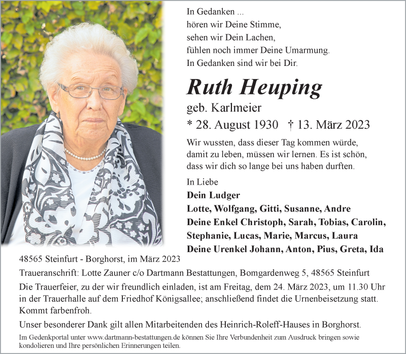  Traueranzeige für Ruth Heuping vom 18.03.2023 aus 