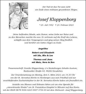 Anzeige von Josef Kloppenborg 