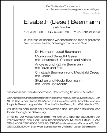 Anzeige von Elisabeth Beermann 