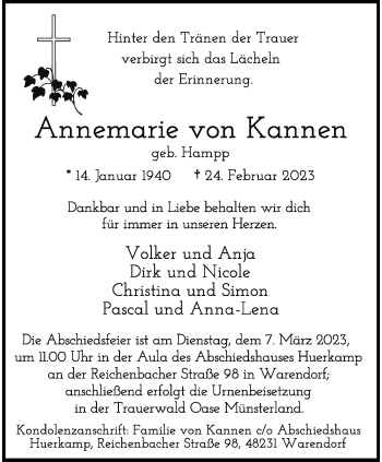 Anzeige von Annemarie von Kannen 