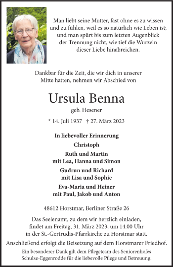 Anzeige von Ursula Benna 