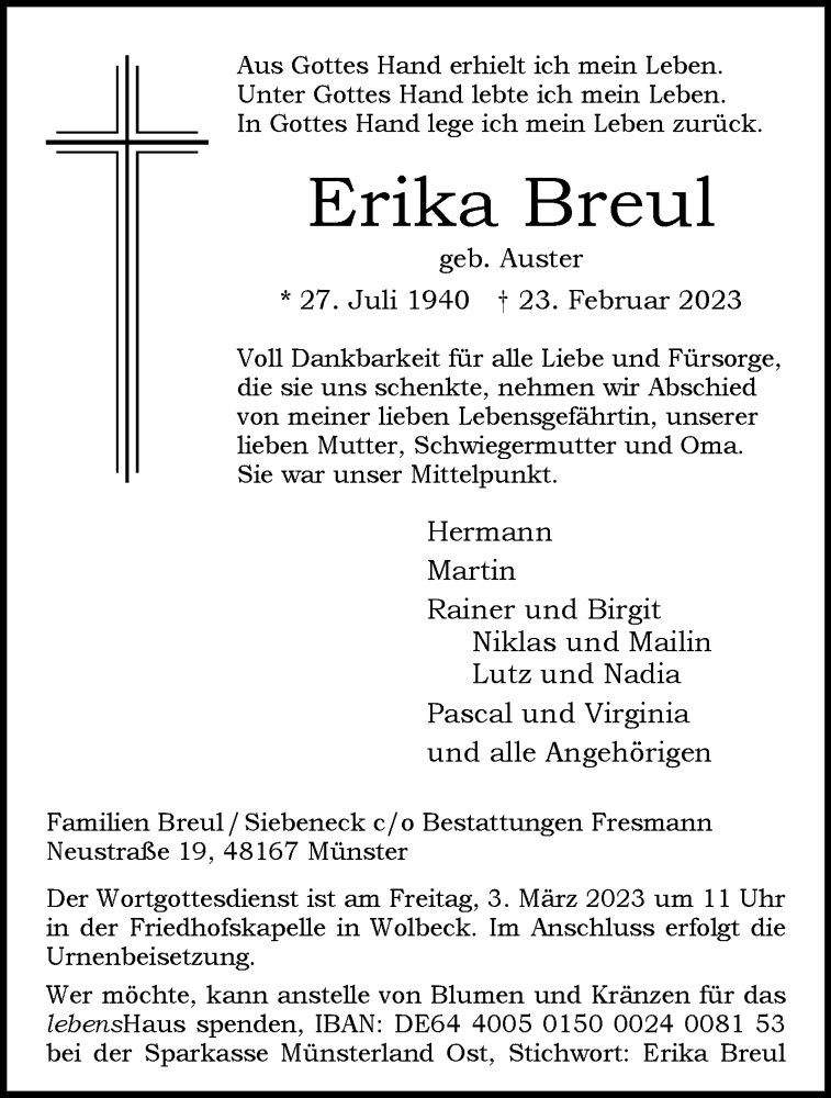  Traueranzeige für Erika Breul vom 01.03.2023 aus 