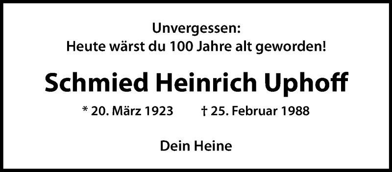  Traueranzeige für Schmied Heinrich Uphoff vom 20.03.2023 aus 